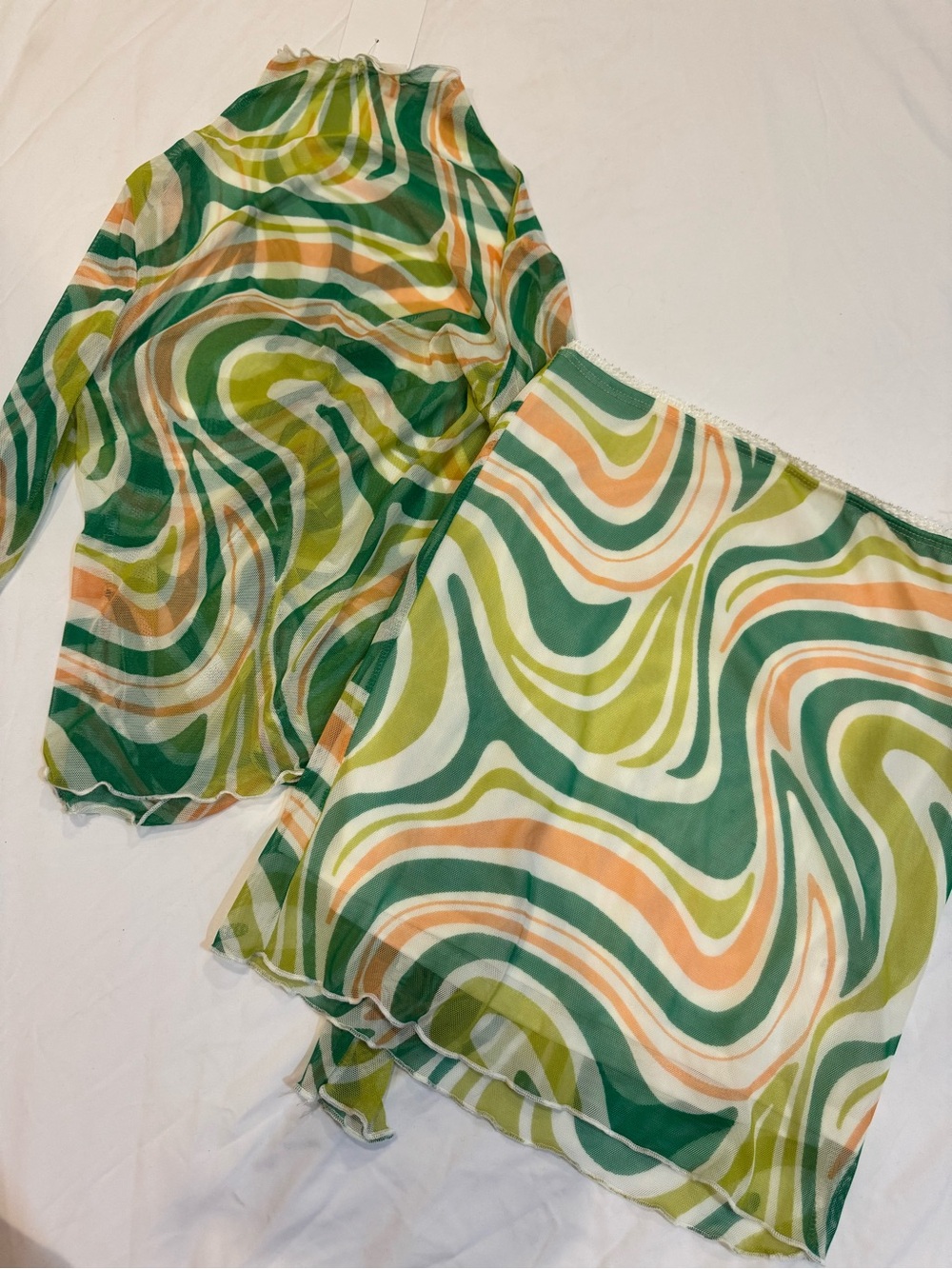 Green & Peach Swirl Sheer Two-Piece Top and Skirt Set